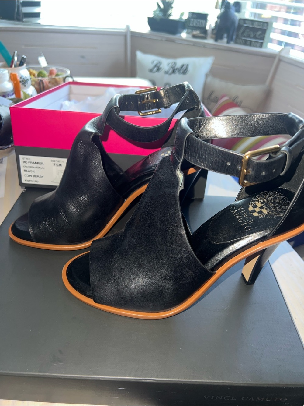 Vince Camuto Black Leather Open-Peep Toe Ankle Strap Heels